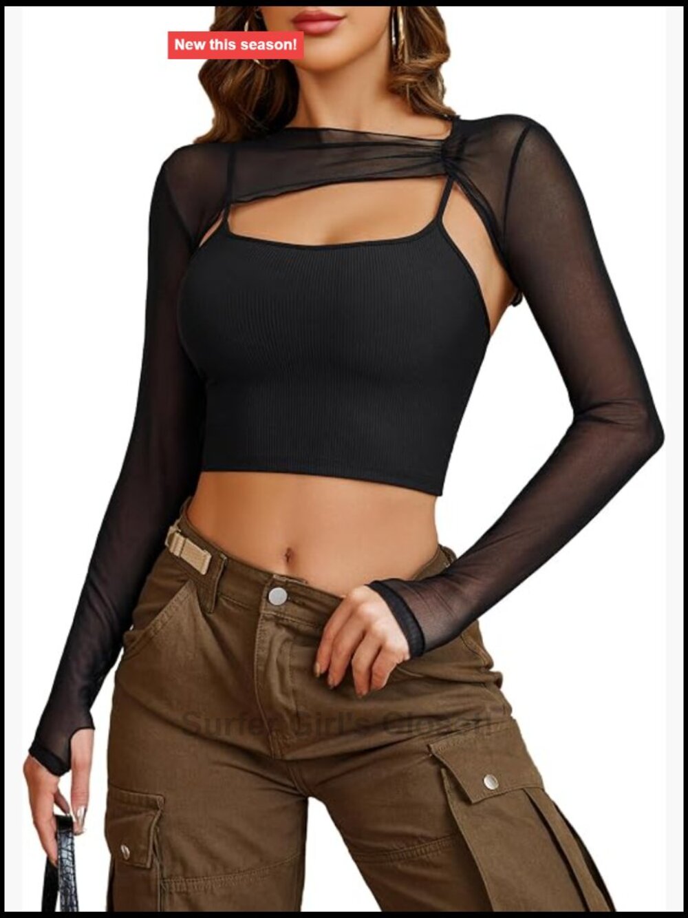 Sheer Mesh Crop Top with Thumb Holes & Cami Top 2 Piece Clubwear